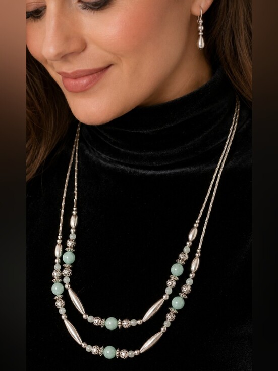 Jewelry - Vintage Style Double Strand Green Bead Pearl Statement Necklace Silver Tone Long